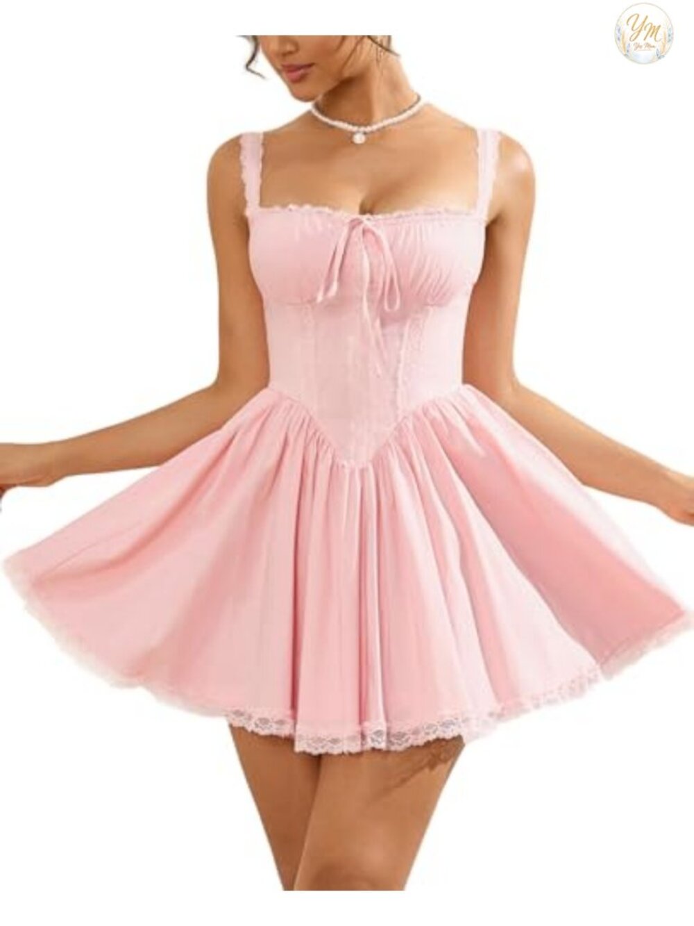 Women's Ruched Bust Square Neck Mini Dress Sleeveless Backless Vintage